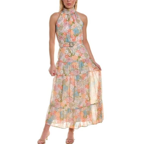 Taylor Dresses & Skirts - Taylor Sleeveless Halter Belted Floral Chiffon Maxi Dress Pearl Daisy 6 Pink